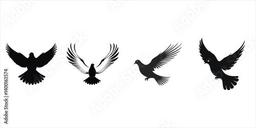 Vector silhouettes of flying birds, including eagle and dove, showcase wild animal wings in black silhouette illustration art