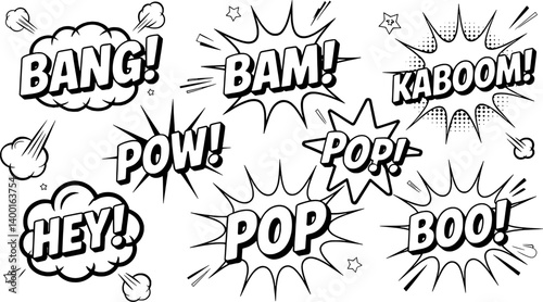 Comic Book Speech Bubbles Set With Sound Effects Black And White