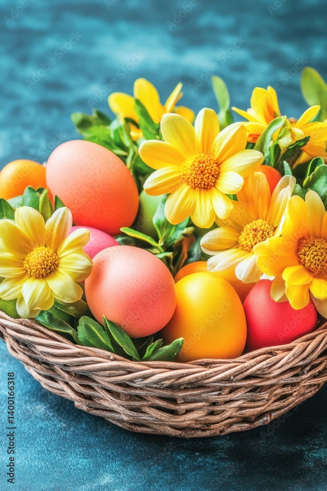 Colorful easter eggs and yellow flowers in wicker basket on dark blue background for easter celebration spring holiday with vibrant colors Colorful easter eggs and yellow flowers in wicker basket on dark blue background for easter celebration spring holiday with vibrant colors