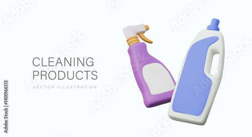 Plastic bottles for liquid detergents. Containers of various types. Bottle with handle, spray nozzle. Isolated templates for advertising detergents, bleaches, fabric softeners