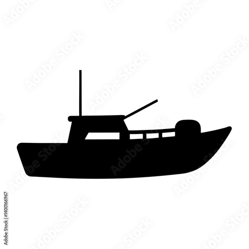 Silhouette of a modern fishing vessel with cabin, mast and equipment