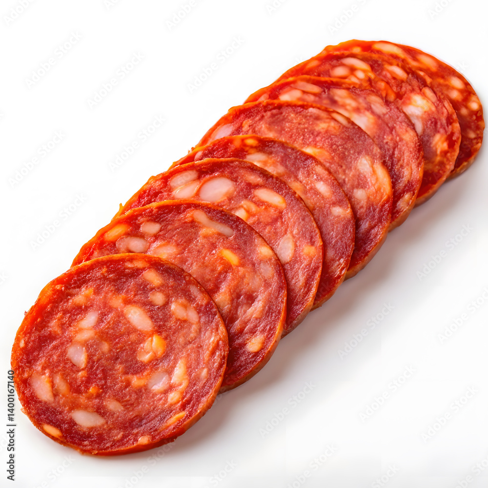 Slices of cured meat arranged neatly on a clean surface Slices of cured meat arranged neatly on a clean surface