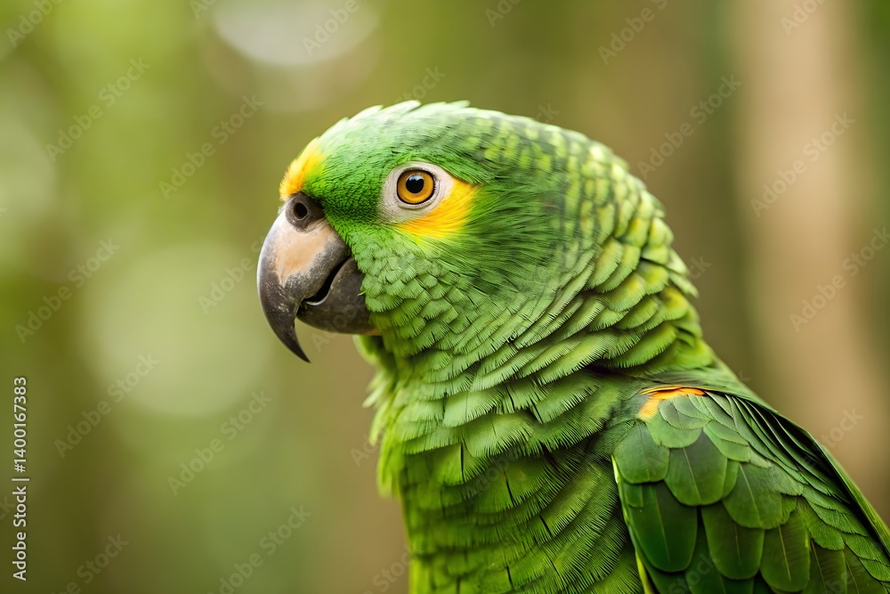 Obraz premium Close Up Portrait Of An Amazon Parrot With Vibrant Green Plumage And Yellow Crown Feathers In Natural Light, amazon parrot, parrot, bird, green plumage, exotic bird, tropical bird, yellow crown