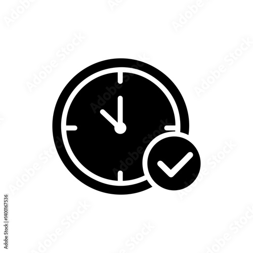 Circular Clock Face with Task Checkmark - Black Filled Icon