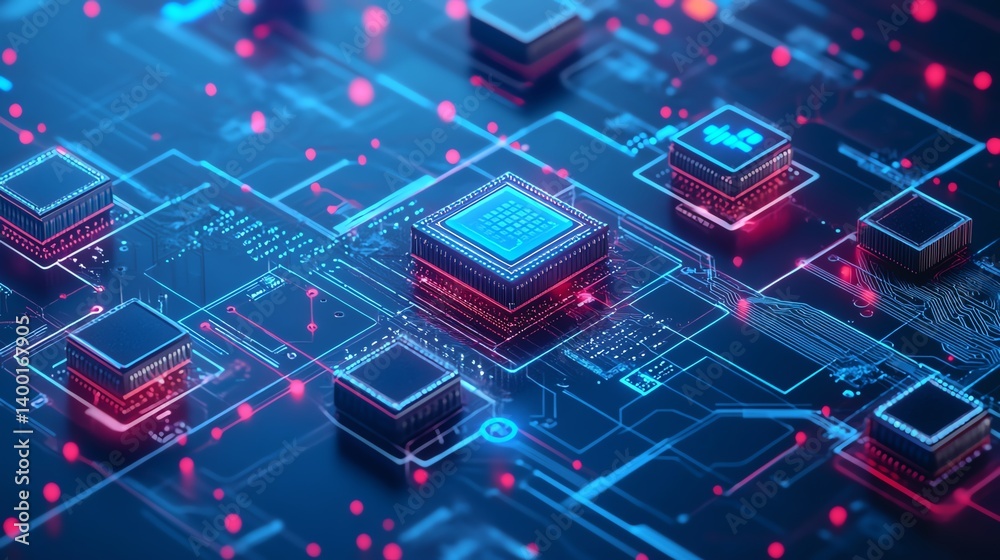 Abstract digital technology presentation featuring a futuristic circuit board with neon blue elements and interconnected electronic components for modern tech advancements