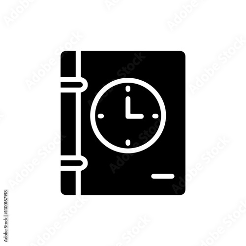 Planner Icon with Clock on Cover Black Filled Icon