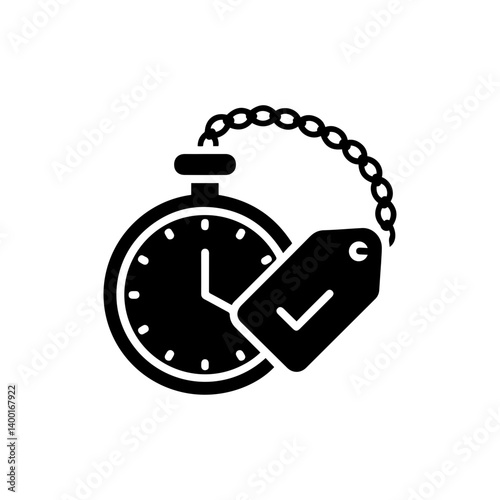 Pocket Watch Icon with Checkmark Tag Black Filled Icon