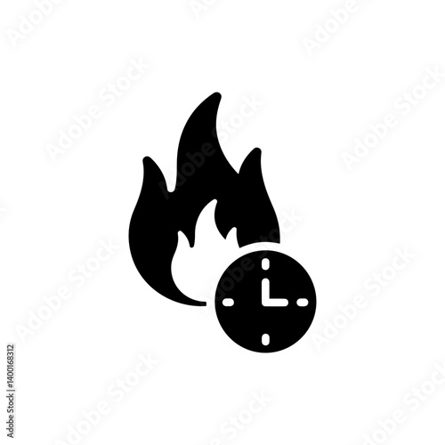Urgent Task Flame with Clock Overlay Icon - Black Filled Design