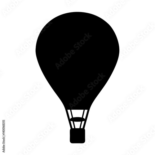 Silhouette of a classic hot air balloon against a stark white backdrop