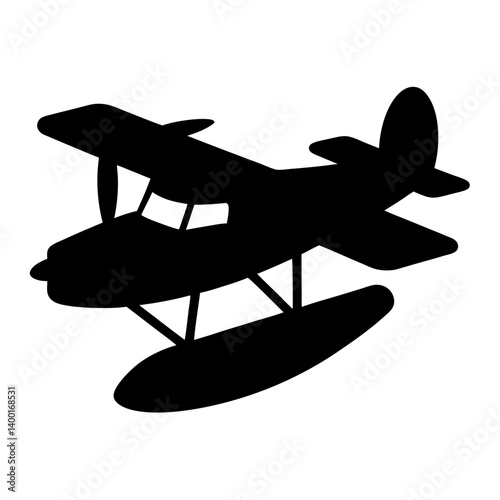 Black silhouette of a seaplane, aviation and transportation illustration in cartoon style