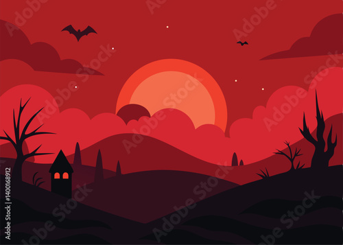 gloomy ominous halloween landscape crimson sunset