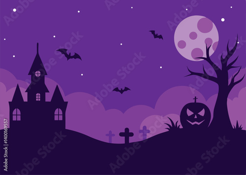 halloween spooky purple night scene horizontal bac