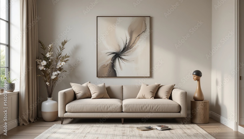 Elegant living room featuring a neutral color palette, modern artwork, and comfortable seating for a serene and stylish home interior. Elegant living room featuring a neutral color palette, modern artwork, and comfortable seating for a serene and stylish home interior.
