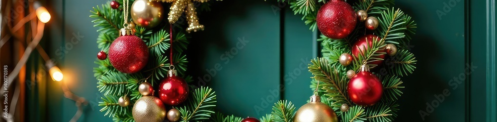 Naklejka premium Whimsical Christmas Wreath with Ball Ornaments, festive, seasonal, swags