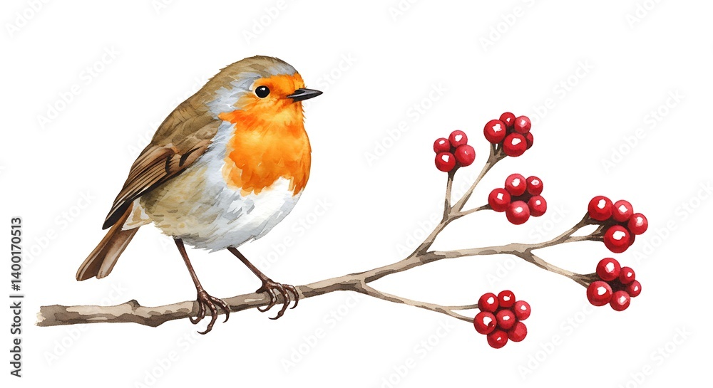 A Robin's Winter Perch: Delicate Watercolor Painting of Festive Red Berries AI Generated A Robin's Winter Perch: Delicate Watercolor Painting of Festive Red Berries AI Generated