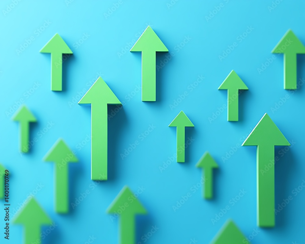 Green growth arrows pointing upwards on a blue background, spaced out and linked, conveying a sense of progress, development, and upward movement Green growth arrows pointing upwards on a blue background, spaced out and linked, conveying a sense of progress, development, and upward movement