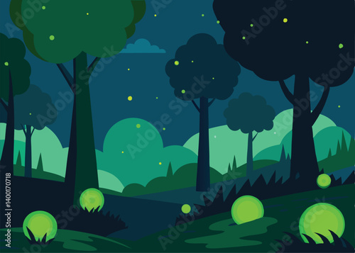 night forest background with green fireflies glowi