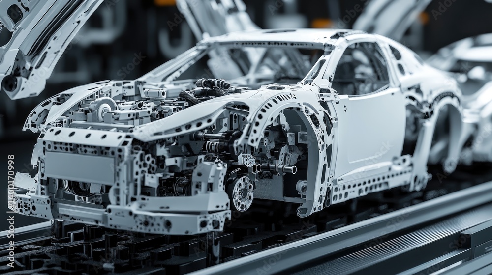 Fototapeta premium Assembly line with partially completed cars and tool arms in automated sequence
