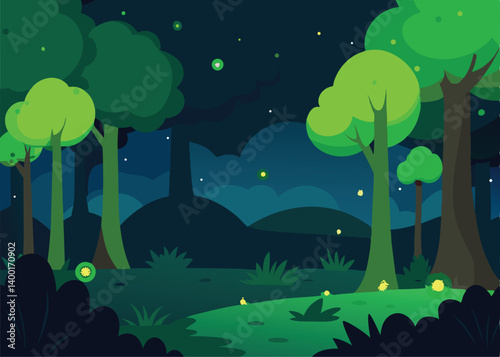 night forest background with green fireflies glowi