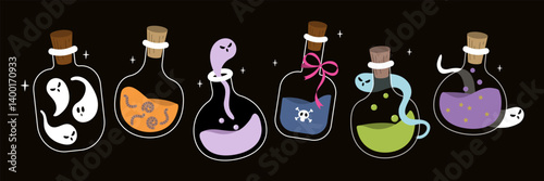 Happy halloween with witch magic potion bottle. Cute ghost and poison collection.