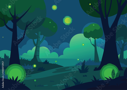 night forest background with green fireflies glowi