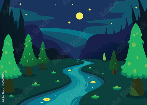 night forest landscape with river and green firefl