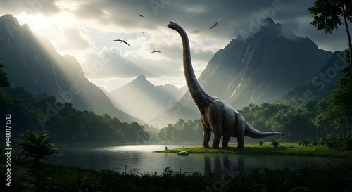 Majestic Brachiosaurus in a Serene Prehistoric Valley: A Breathtaking Digital Landscape