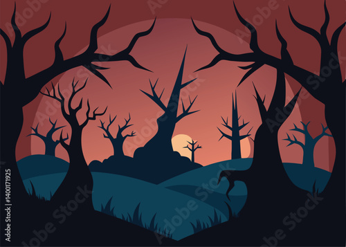 spooky silhouette forest landscape vector illustra