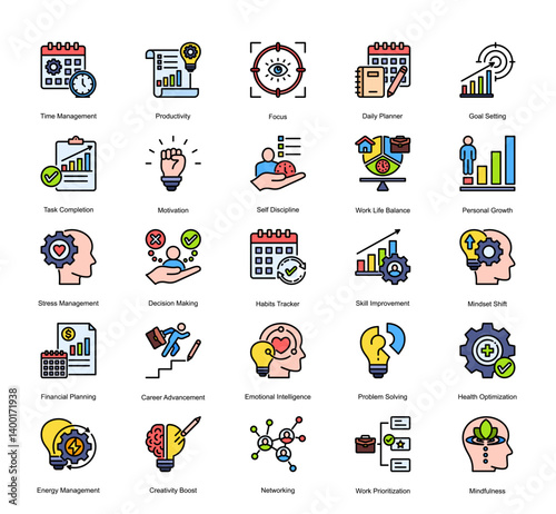 These icons represent fundamental principles of efficiency, clarity, and consistency for personal and professional growth.