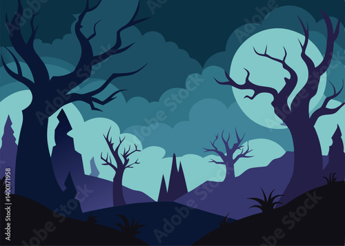 spooky silhouette forest landscape vector illustra