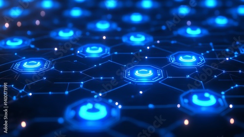 Remote work and social connection concept with glowing blue digital user symbols connected between each other on an abstract dark blue background, 3D rendering photo