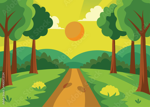 sunny morning in green forest cartoon landscape