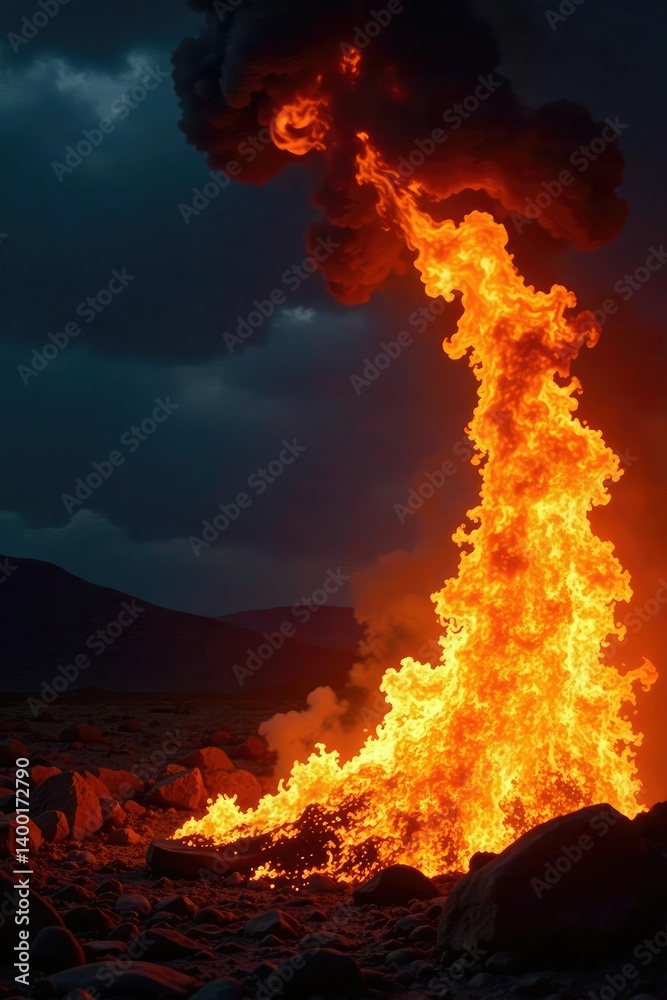 Fototapeta premium Whirling flames engulfed a darkened night sky, dark, orange