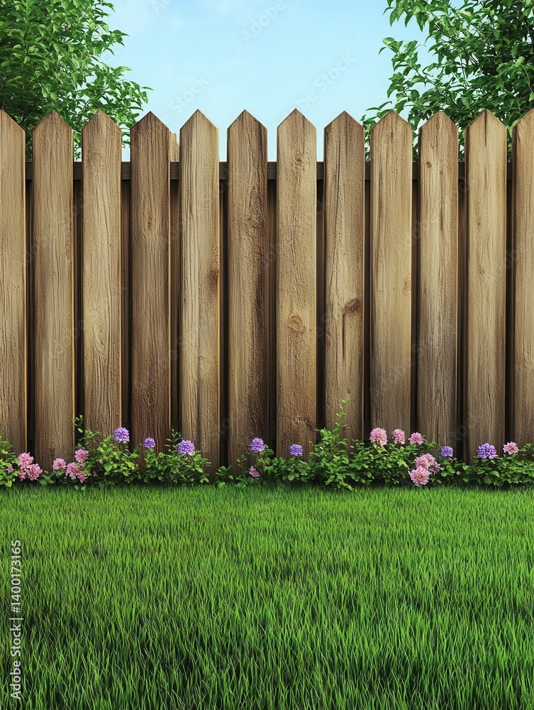 Fototapeta premium Serene Backyard Scene with Wooden Fence Lush Green Grass and Vibrant Flowers Under a Clear Blue Sky Creating a Peaceful and Inviting Outdoor Ambiance