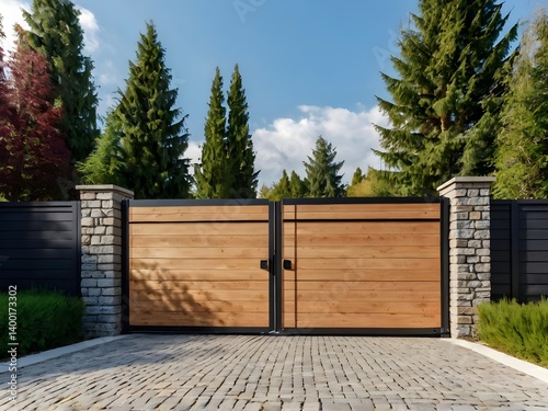 Wide automatic sliding gate made of planks with remote control, installed in high stone fence wall. Security, protection, privacy concept for automated property. Modern, electrical design, closed