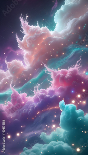 Clouds softly blend with nebula-like textures, showing hints of stars and glowing orbs among shades of pink, teal, and violet.