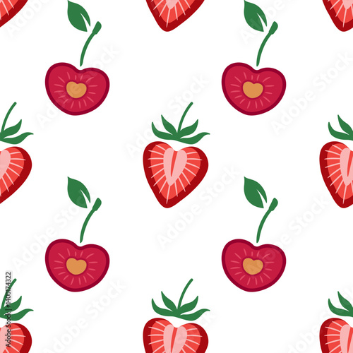 Seamless pattern with strawberries and cherries on a white background for Valentines Day. Bright heart shaped strawberries and cherries halves background. Vector pattern for a wrapping paper, textiles