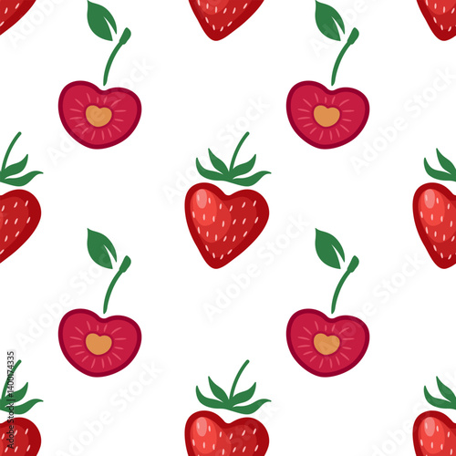 Seamless pattern with cherry and strawberry hearts on a white background for Valentines Day. Cute heart shaped cherries and strawberries background. Vector pattern for a wrapping paper, textiles, etc.