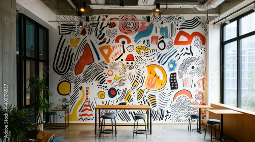 A hand-drawn doodle mural in a creative co-working space photo