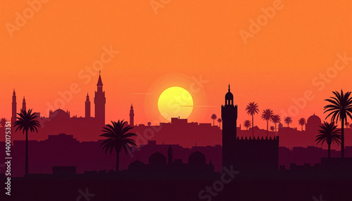 Sunset over Silhouetted Cityscape with Palm Trees  
