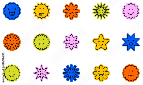 Vector Sticker Set of different shapes with various moods, characters and emotions for design. Trendy Badge, Emblem, Label