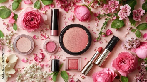 A close-up view of a pink flower alongside various makeup items.