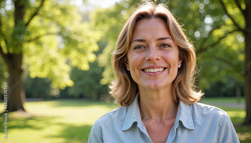 Smiling woman enjoying nature in a sunlit park Smiling woman enjoying nature in a sunlit park
