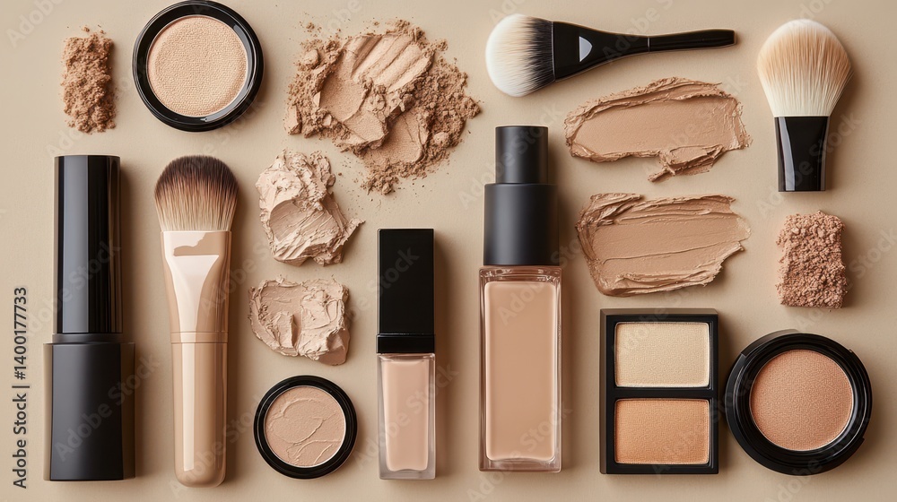 A close-up view showcasing diverse makeup products and brushes in vibrant colors.