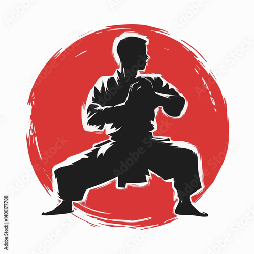 Martial Artist Silhouette in Action with Bold Red Background