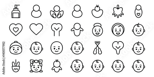 This set of simple line art icons depicts various baby-related items and actions, including baby bottles, feeding utensils, hearts, a variety of baby headshots, and other essential newborn items