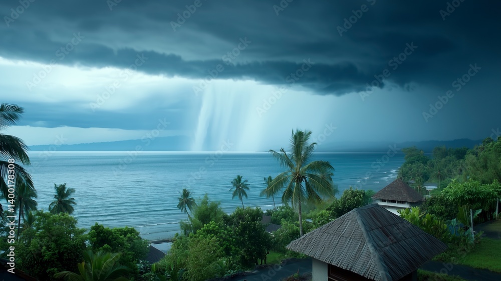 Stormy day with large cloud in sky. Ocean is in background. On seashore village with palm trees.