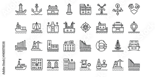 This set of line art icons depicts various port and maritime elements, including ships, lighthouses, cranes, and buildings