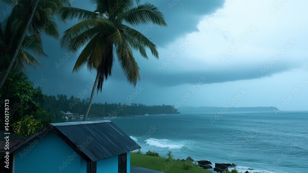 A small blue house is on the beach
