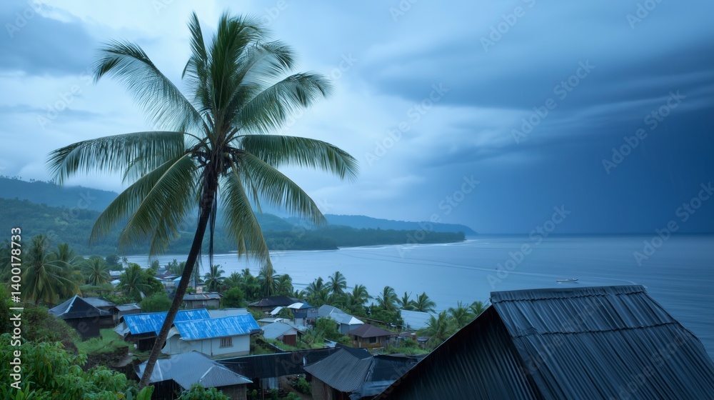 A palm tree is in front of a blue house